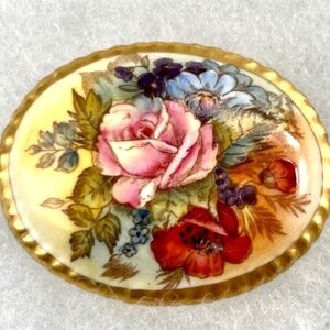Vintage Aynsley floral Fine Bone China 'Cabbage Rose' Brooch signed J.A. Bailey